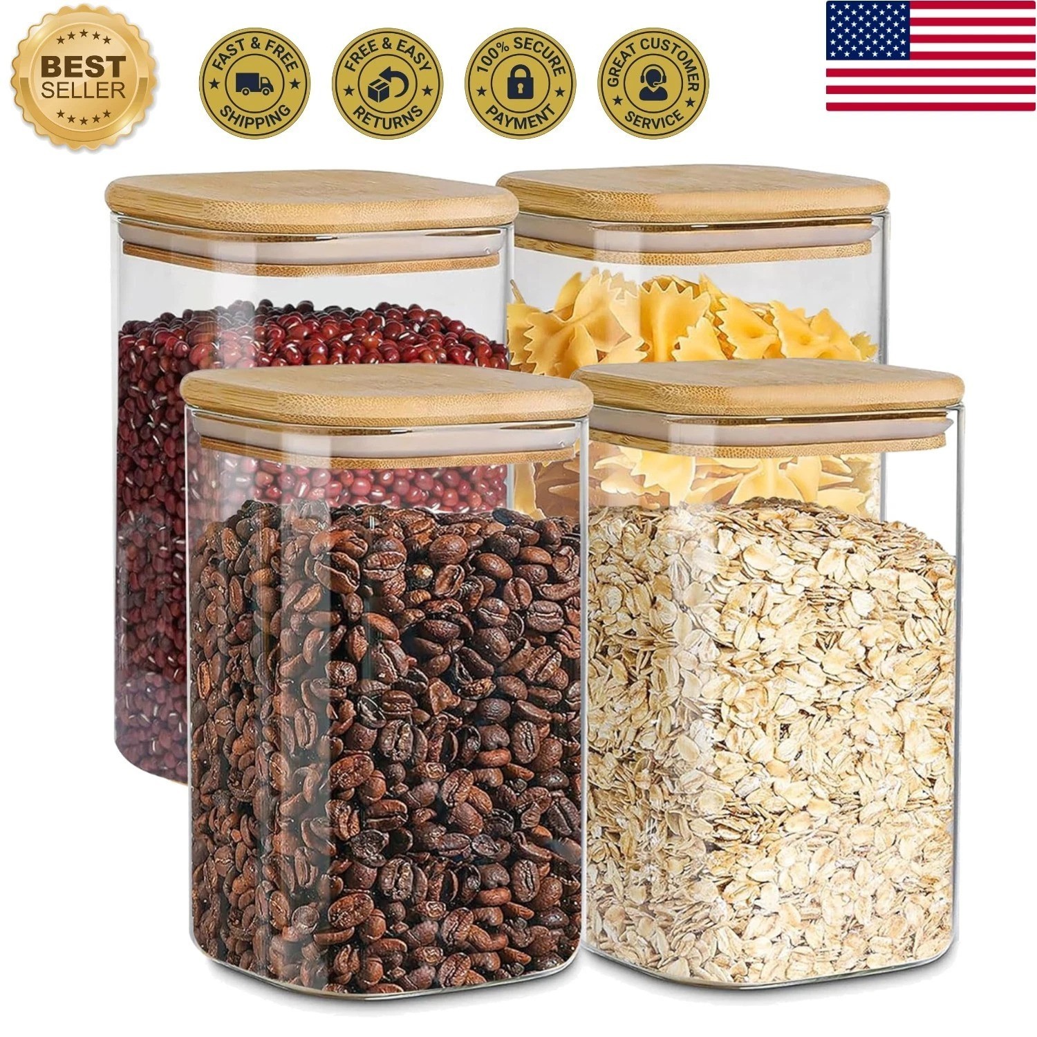 Glass Storage Containers with Airtight Bamboo Lids Set of 4,Pantry Food Stora…