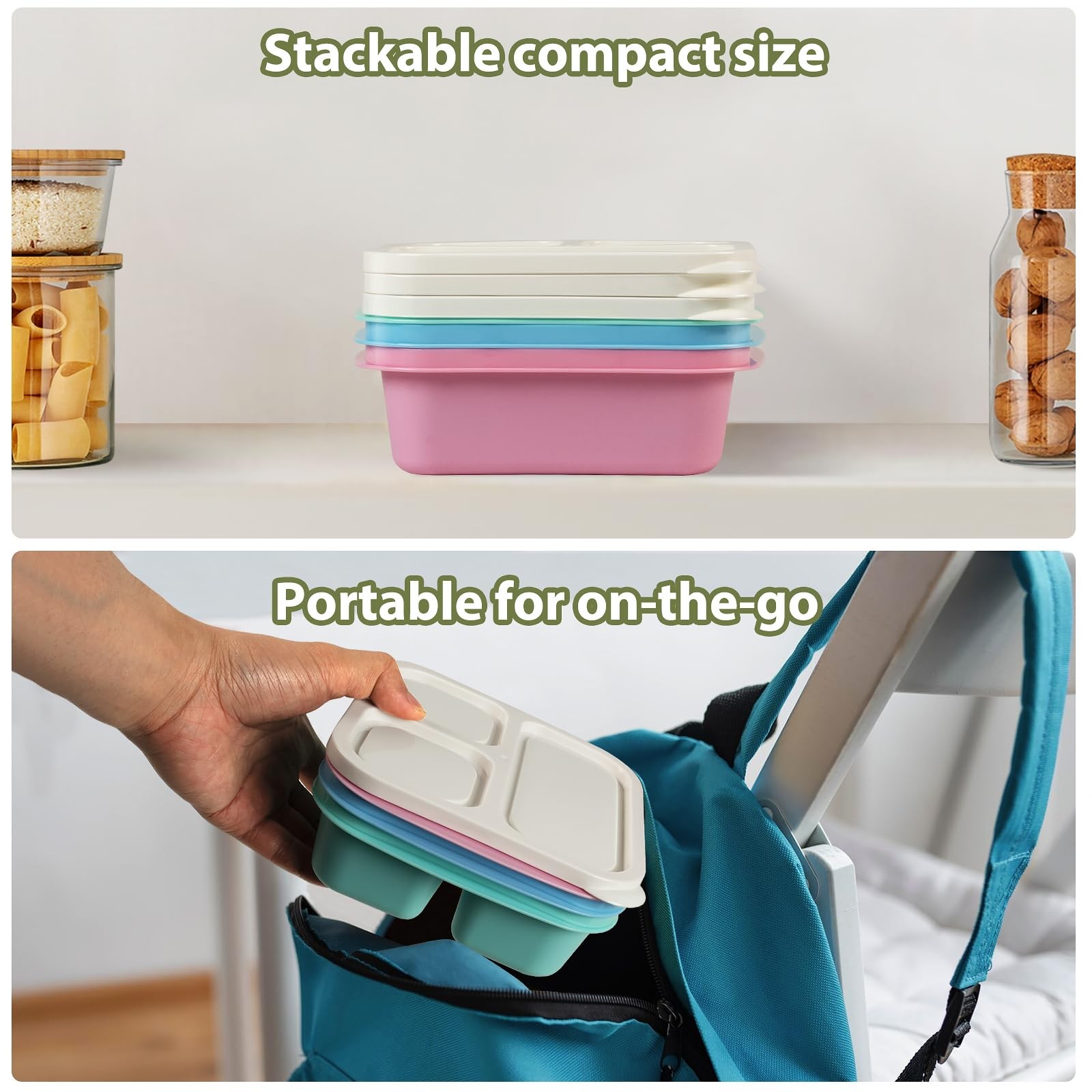Snack Box Container with lids, Reusable 3 Compartment Bento S, Multicolor