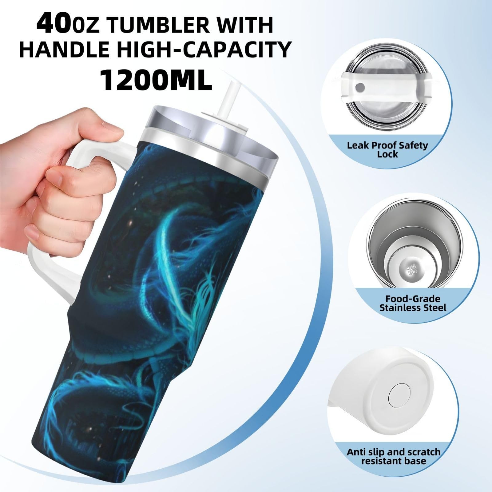 Ptonuic Blue Dragon 40 Oz Tumbler Handle And Straw Lid Cup Reusable Stainless