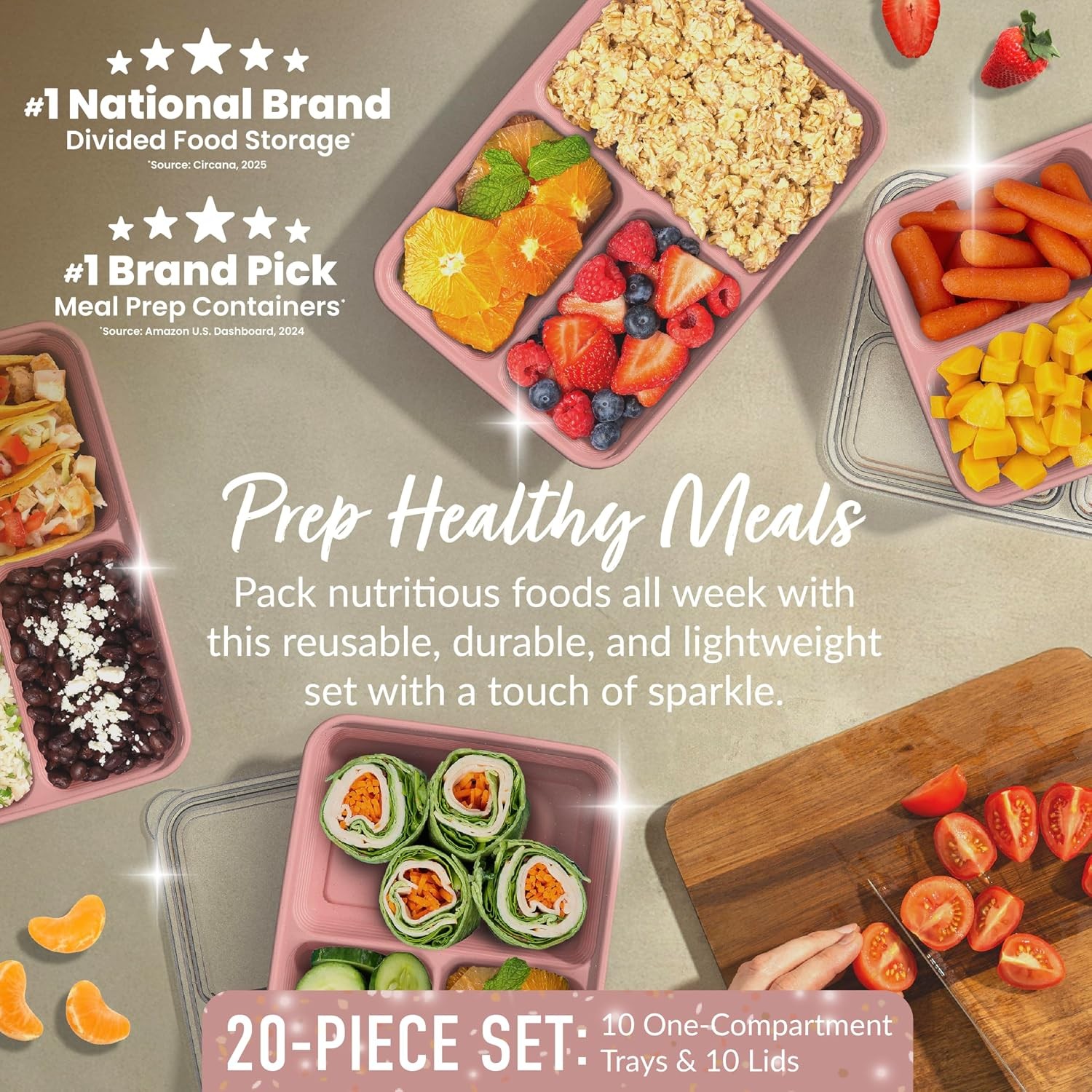 Prep – 20-Piece 3-Compartment Reusable Meal Prep Containers with Lids, PFAS & BP