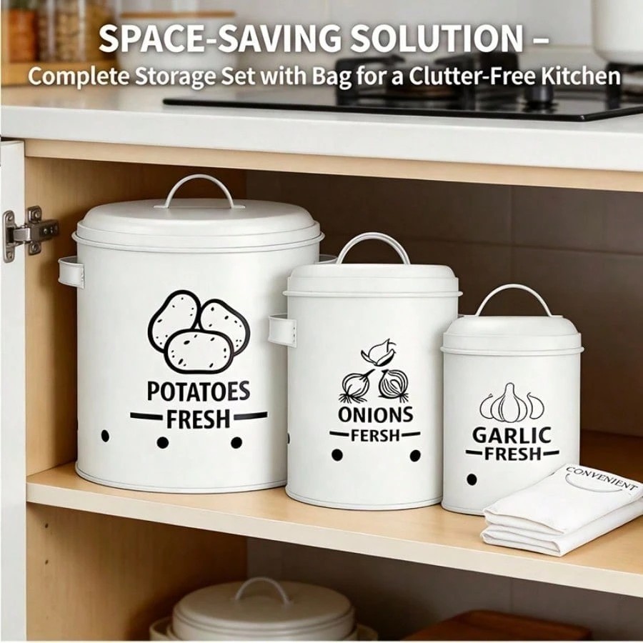 3Pcs Potato Onion Garlic Storage Bin Set Metal Kitchen Pantry Organizer Canister