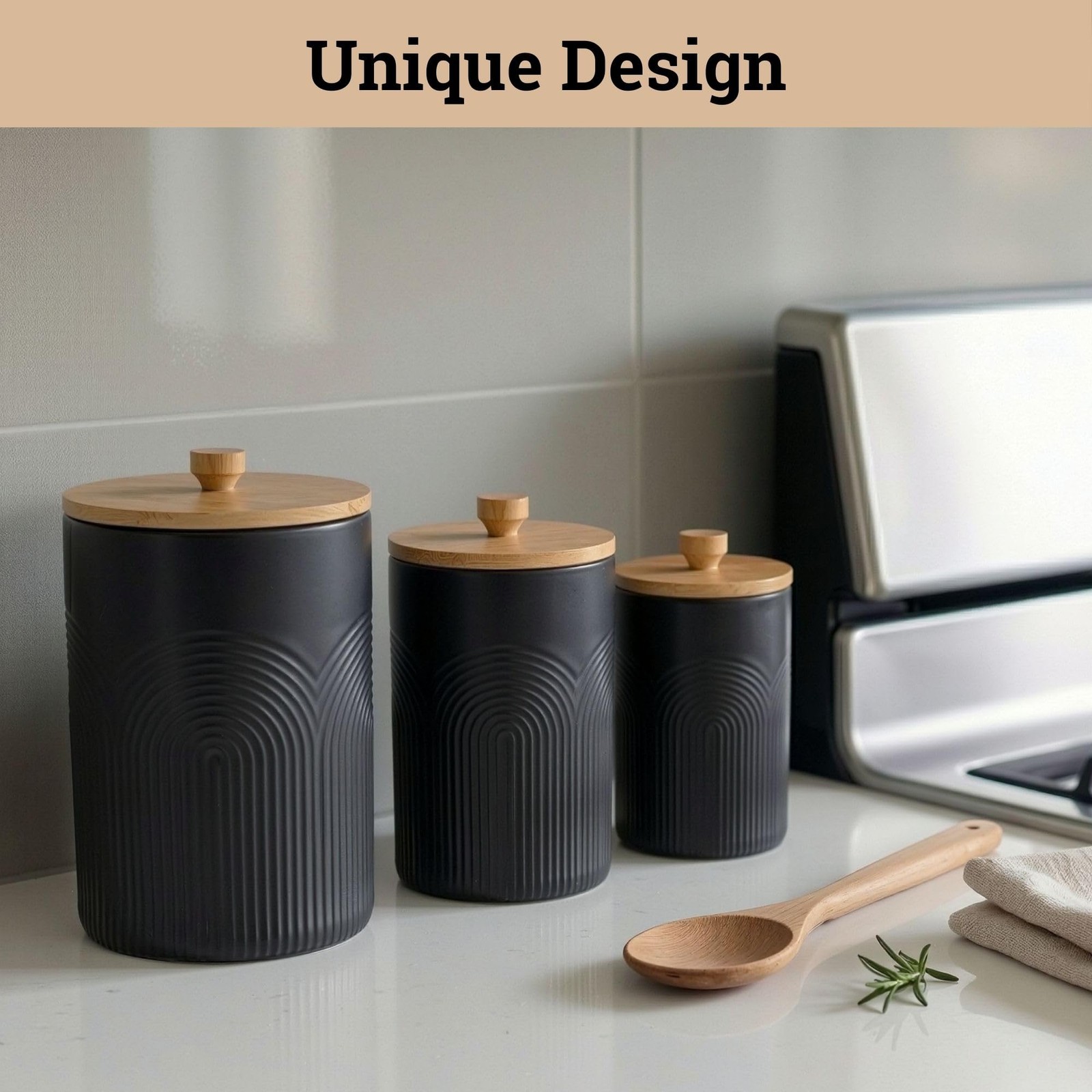 Ceramic Kitchen Canisters for Countertop Set of 3 with Airtight Lids – Black …