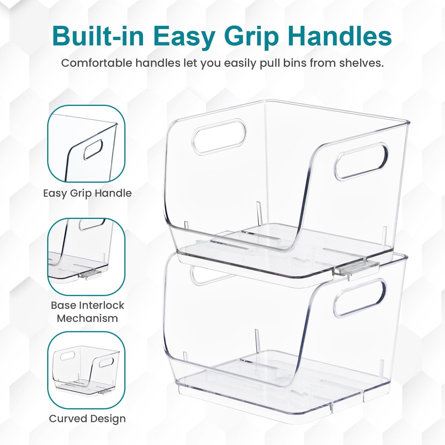 Set of 3 Open-Front 7-Inch Clear Storage Bins with Easy-Grip Handles Stackable T