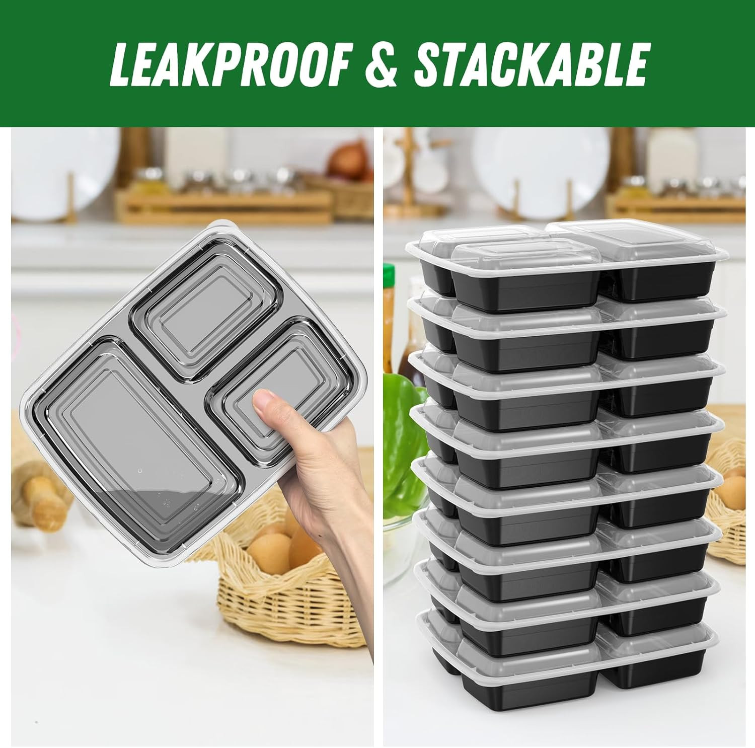 50 Pack (100-Piece) 32 Oz Meal Prep Containers Reusable with Lids 3-Compartment,