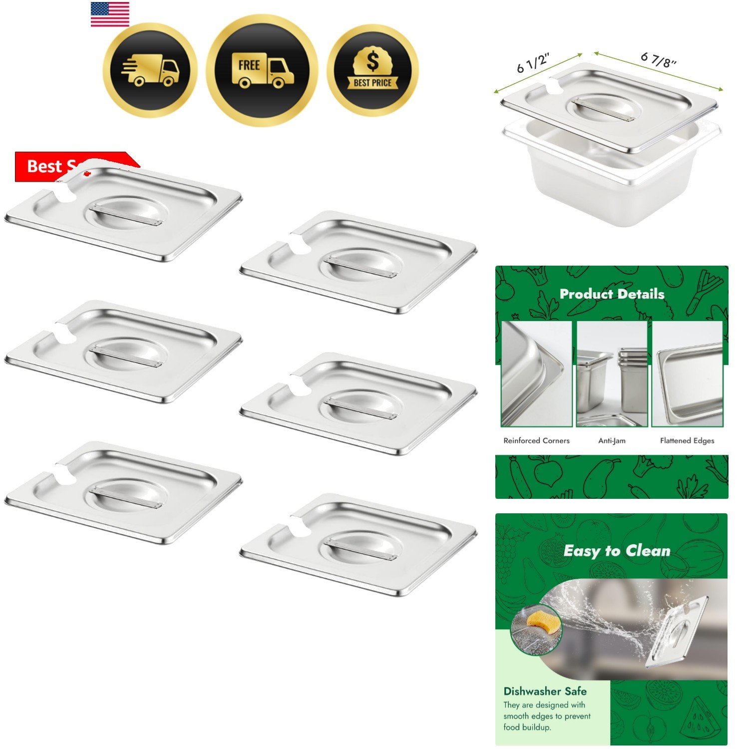 6-Pack 1/6 Size Notched Hotel Pan Cover, Heavy Duty, Stainless Steel Solid St…
