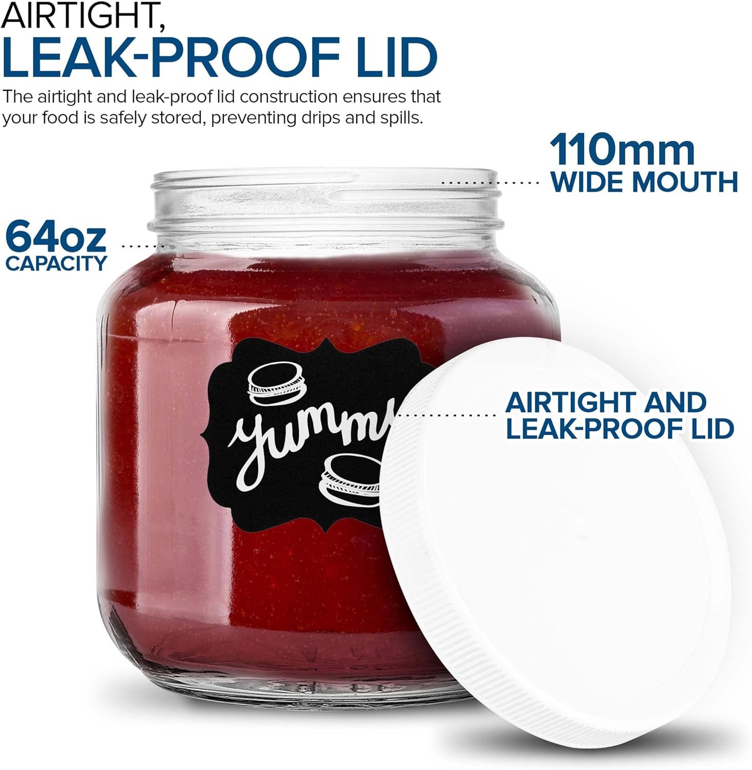 Set of 2: Stock Your Home 64 oz Clear Glass Half Gallon Food Safe Jars w Lid