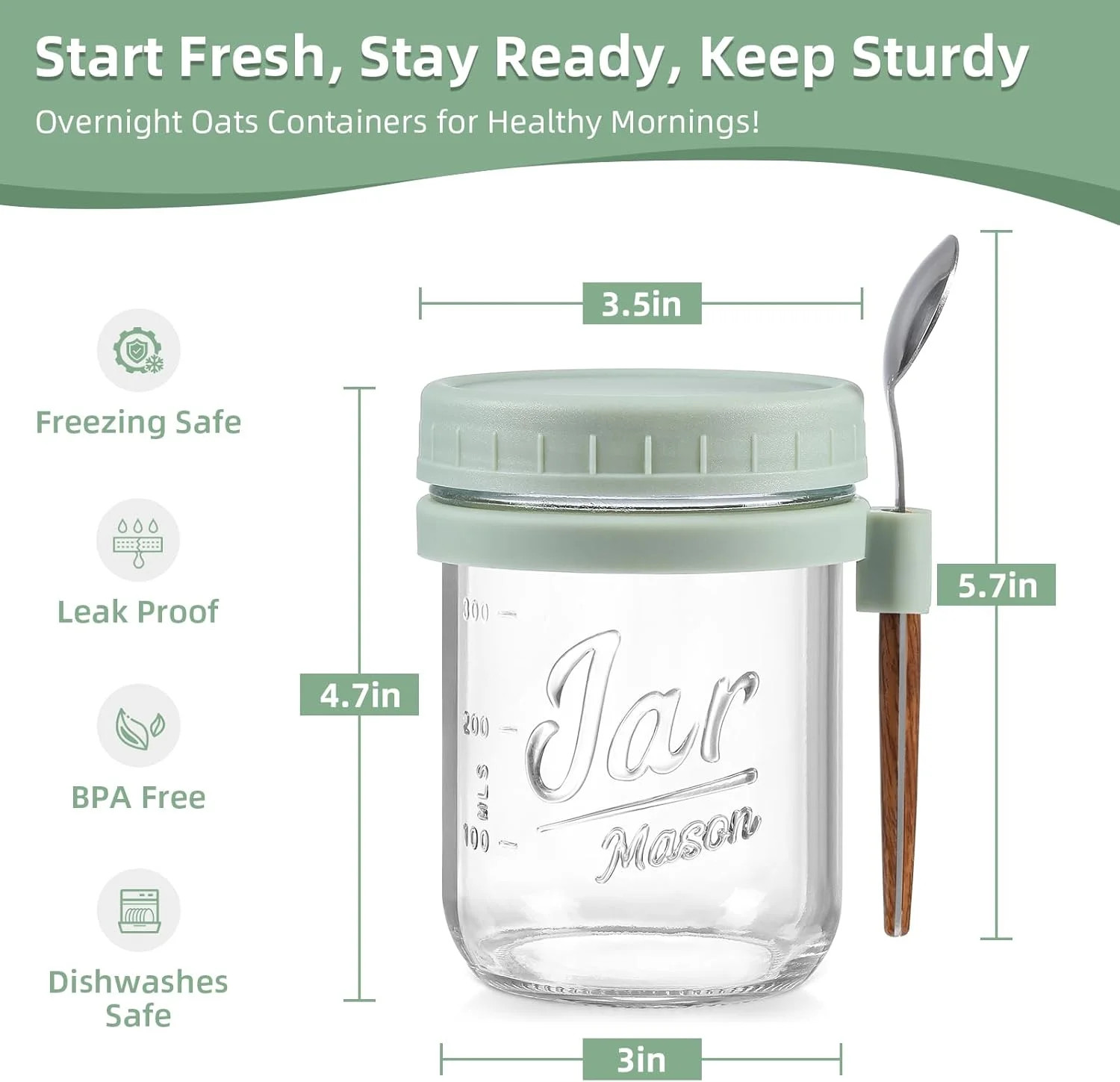 4 Pack Overnight Oats Containers with Lids and Spoons, 16 oz Glass Mason Jars wi