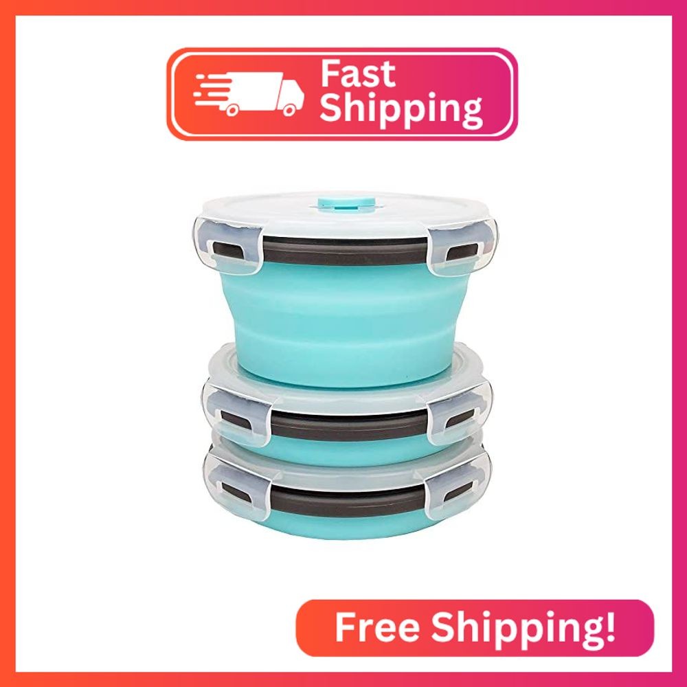 CCyanzi 3piece Round Collapsible Bowl with Lids, Silicone Food Storage Container