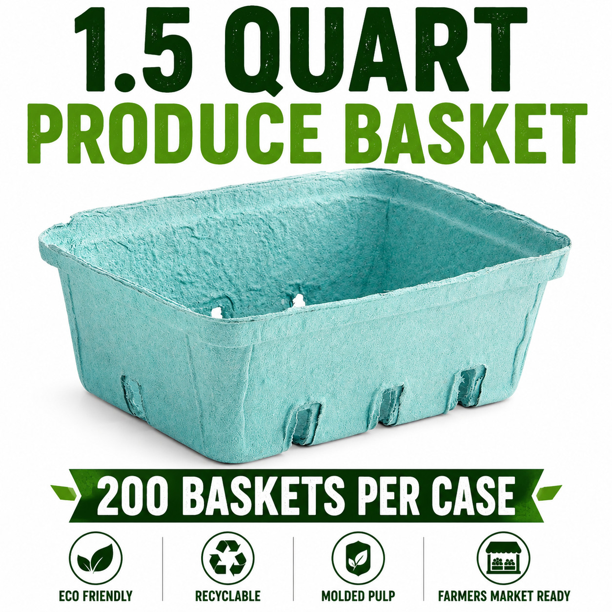 200 Green 1.5 Quart Molded Pulp Berry Produce Baskets Fruit Containers