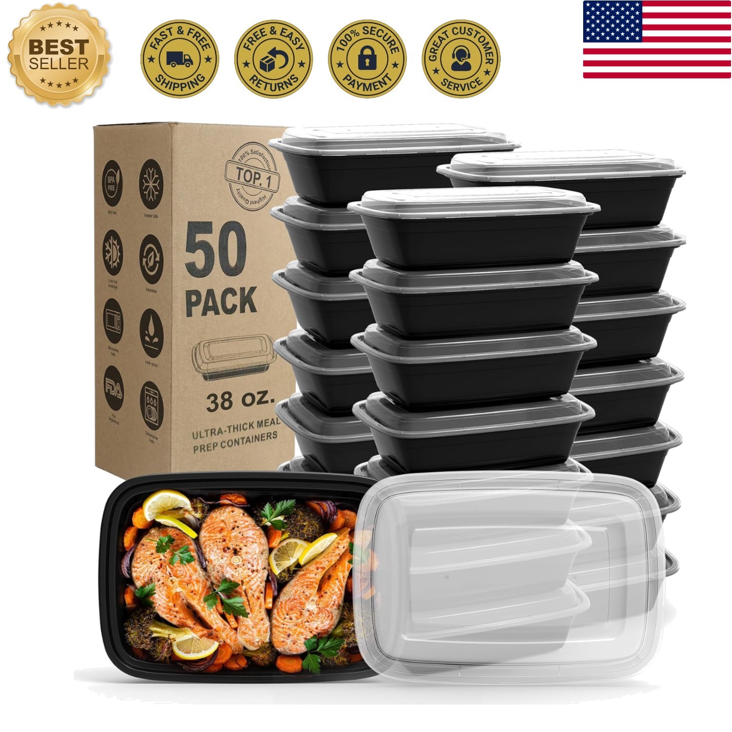 Durable 38oz Meal Prep Containers – 50 Pack Freezer/Microwave Safe & Reusable