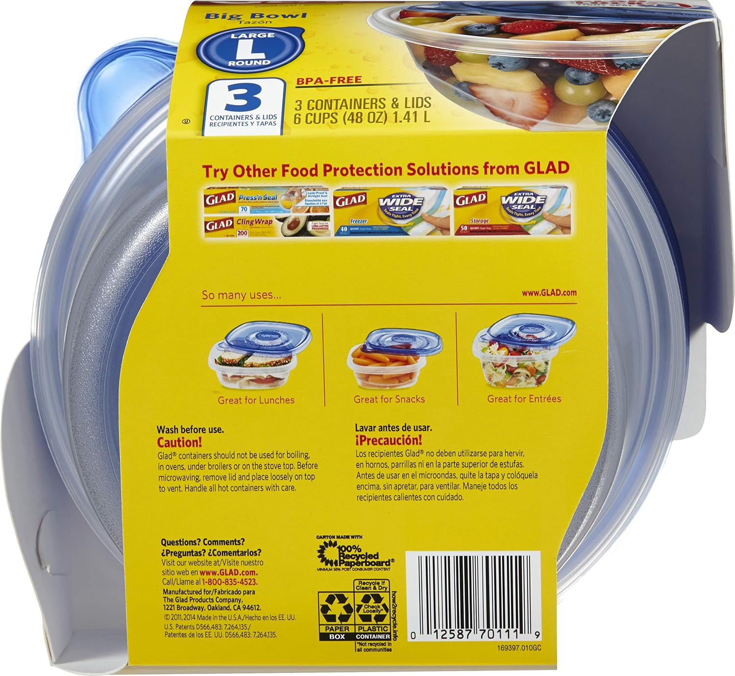 Glad Gladware Big Bowl Food Storage Containers with Lids, Large round No BPA Pla