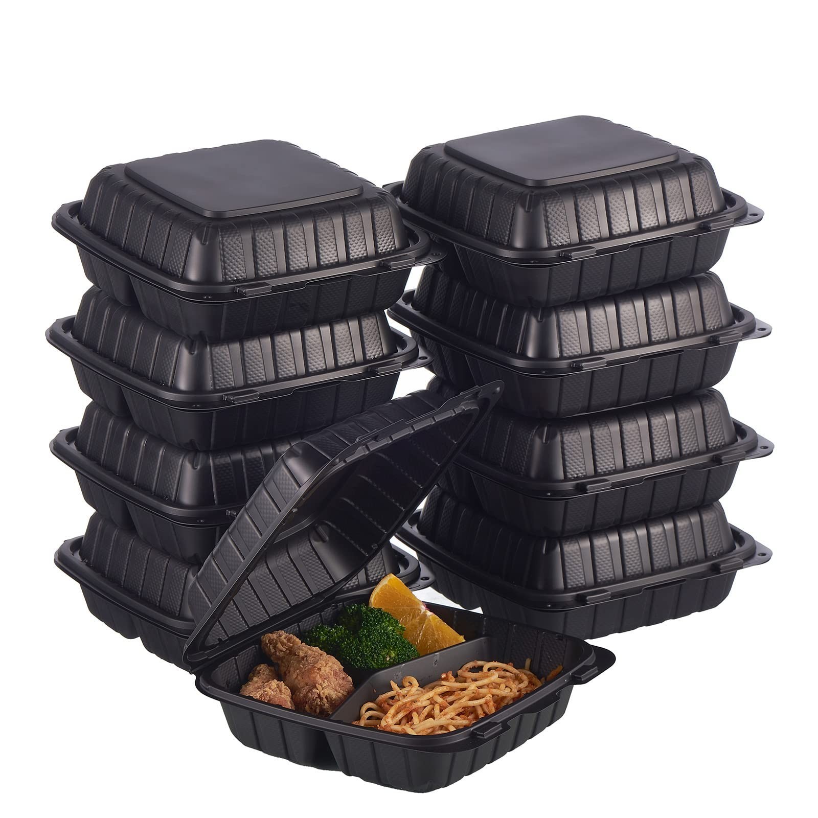 50-Pack Heavy Duty 3-Compartment Clamshell Takeout Food Trays – Disposable Meal