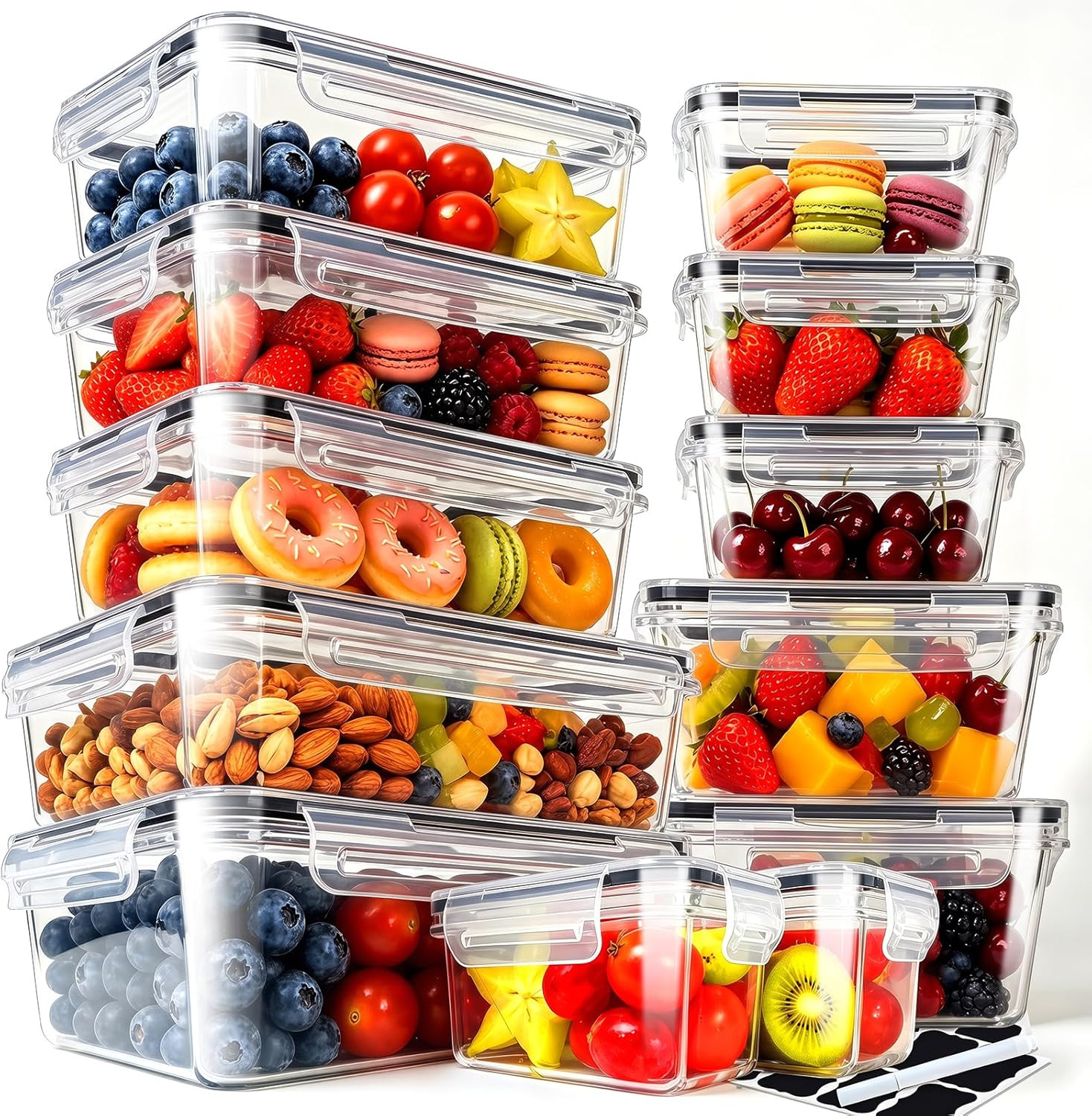 24 PCS Food Storage Containers with Lids (12 Containers & 12 Lids), Reusable Pla