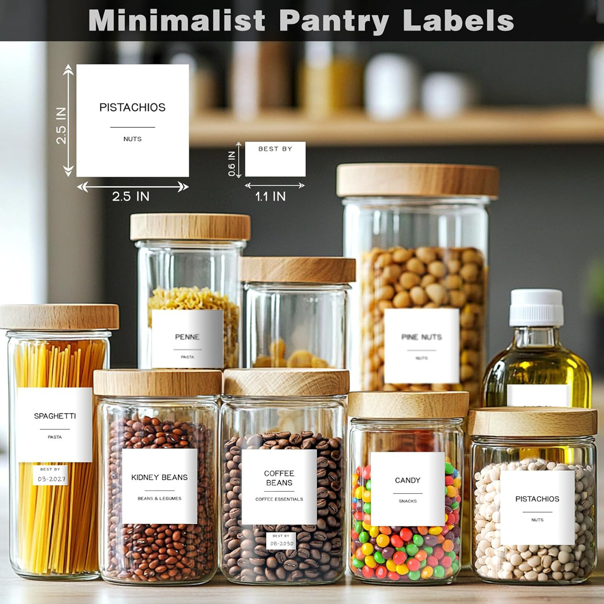 288 Pantry Labels for Food Containers,Preprinted Minimalist Waterproof Stickers
