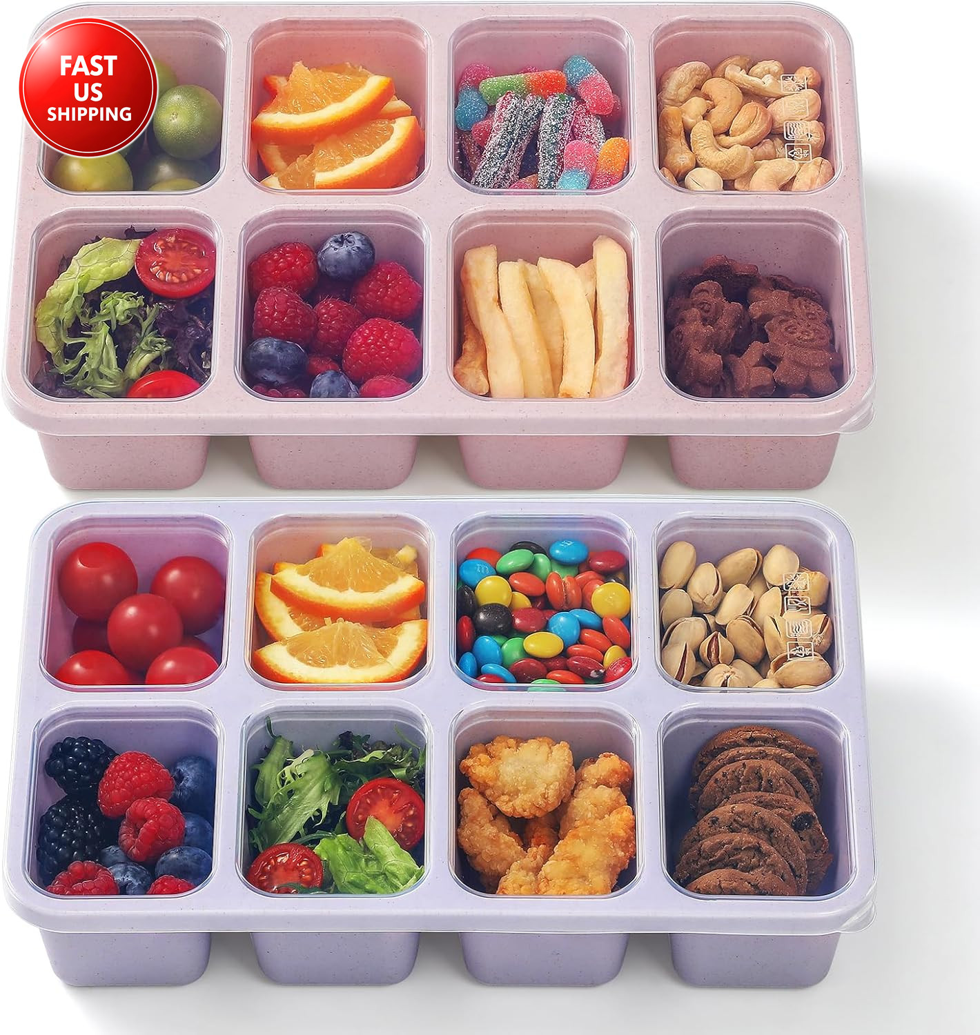 2 Pack Snackle Box Container with Lids, Dishwasher Safe 8 Compartment Divided Sn