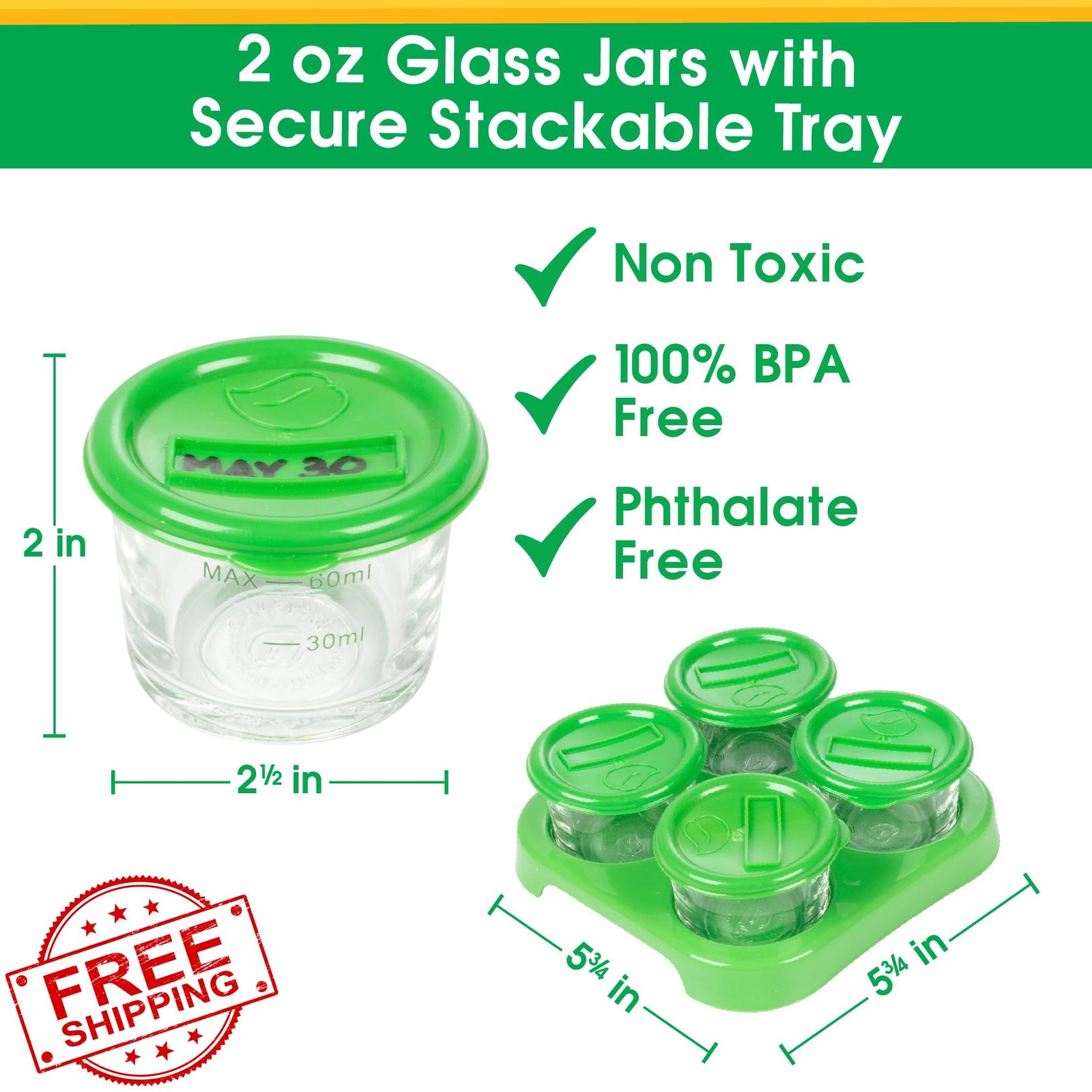 Glass Baby Food Containers 2oz 4pk Stackable Tray Freezer Safe