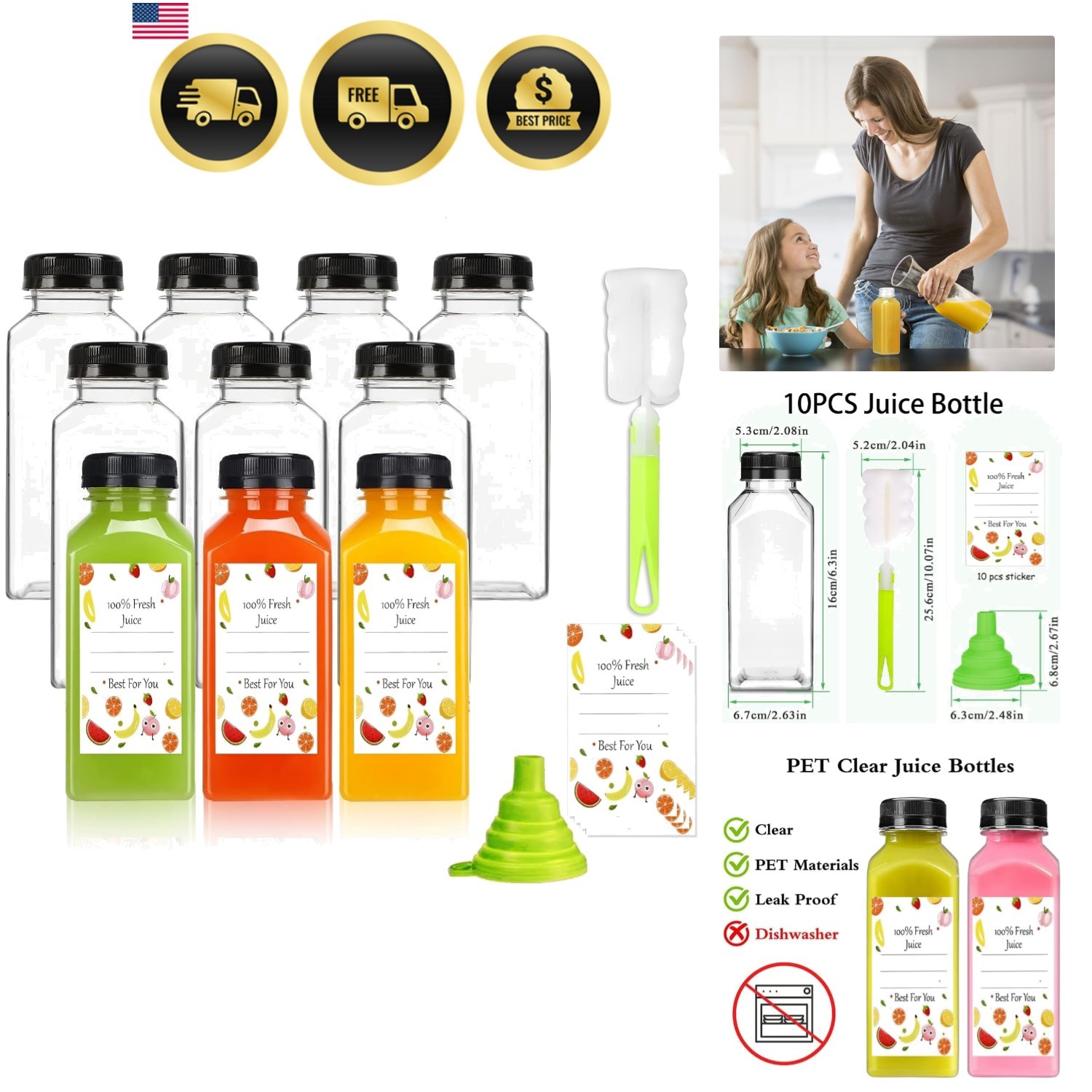 Plastic Juice Bottles with Caps 10pcs 12oz, Reusable Juice Containers with Bl…