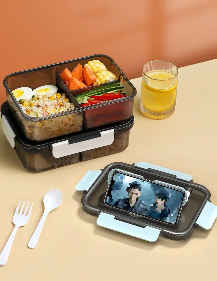 1 Pc 1500ml Compartment Bento Lunch Box with Fork Spoon Kids Office Microwave