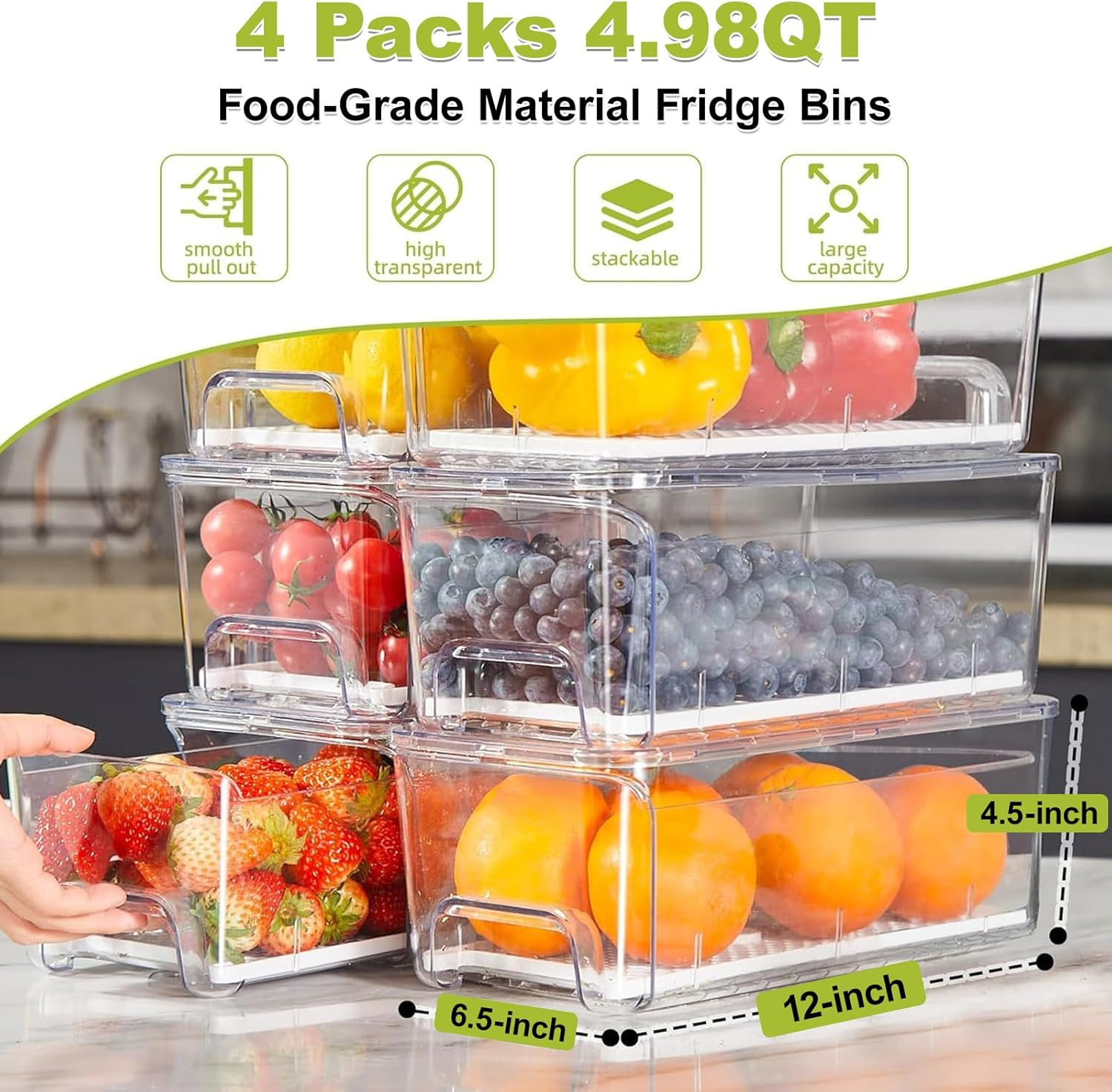 4-Pack Refrigerator Drawer Organizer Bins, Clear Stackable Pull Out Fridge Organ