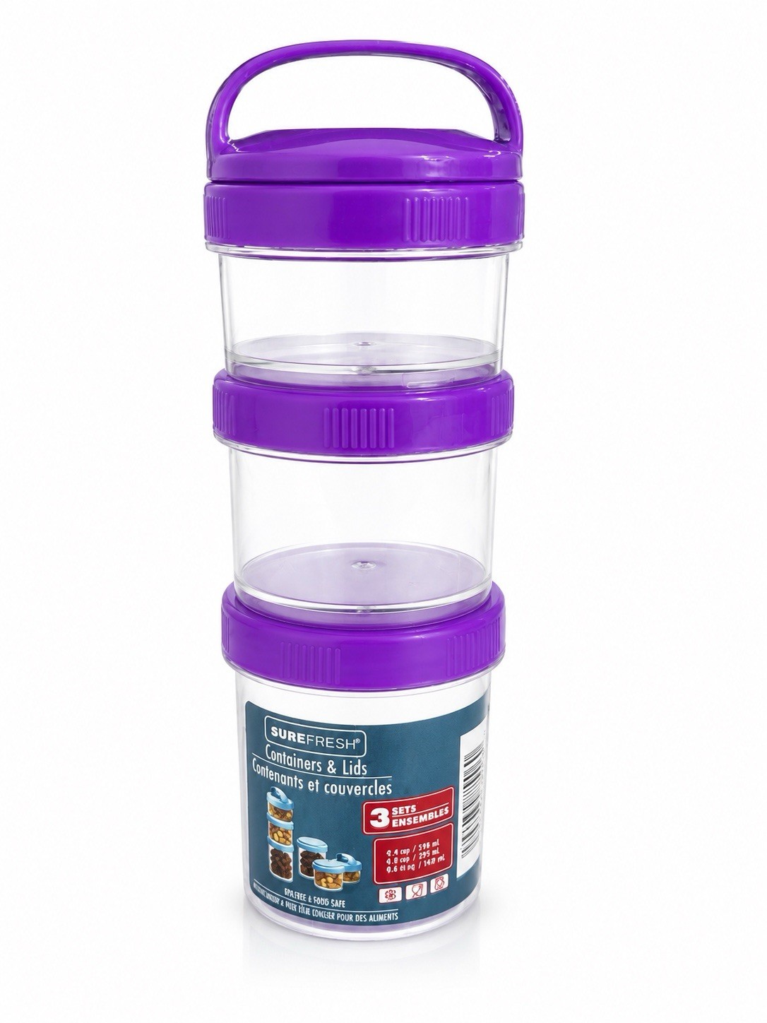 Surefresh 3pc Round Plastic Storage Containers Screw Lids 4/6/9.8oz Clear/Purple