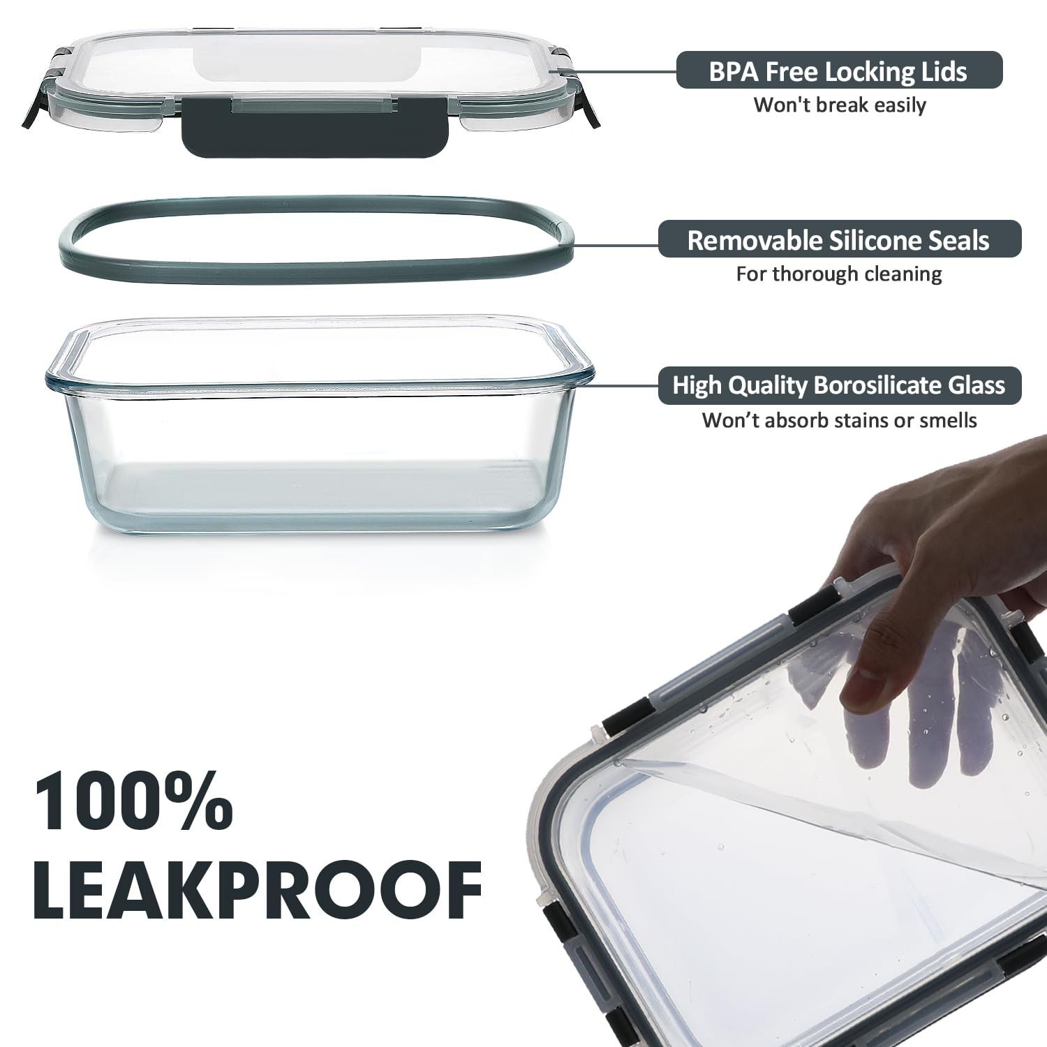 VERONES 30 Pieces Glass Meal Prep 16 inches (L) x 8 (H), Gray