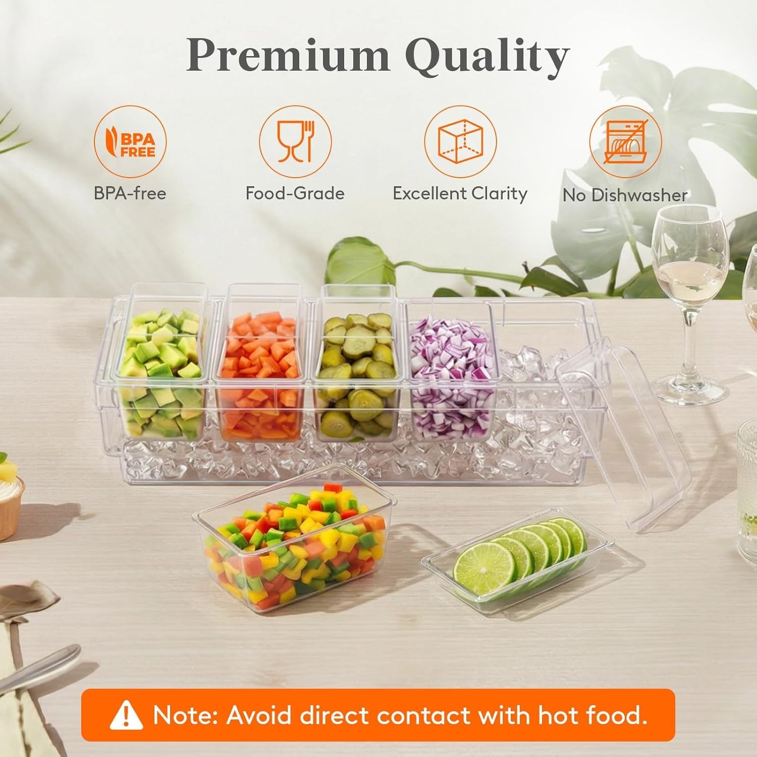 Lifewit 2-Piece Condiment Caddy Set with Lids Ice Garnish Tray Clear Plastic