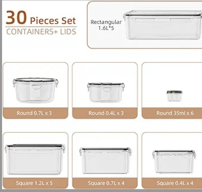 60PC Food Storage Containers Pantry & Kitchen Plastic Containers Organization