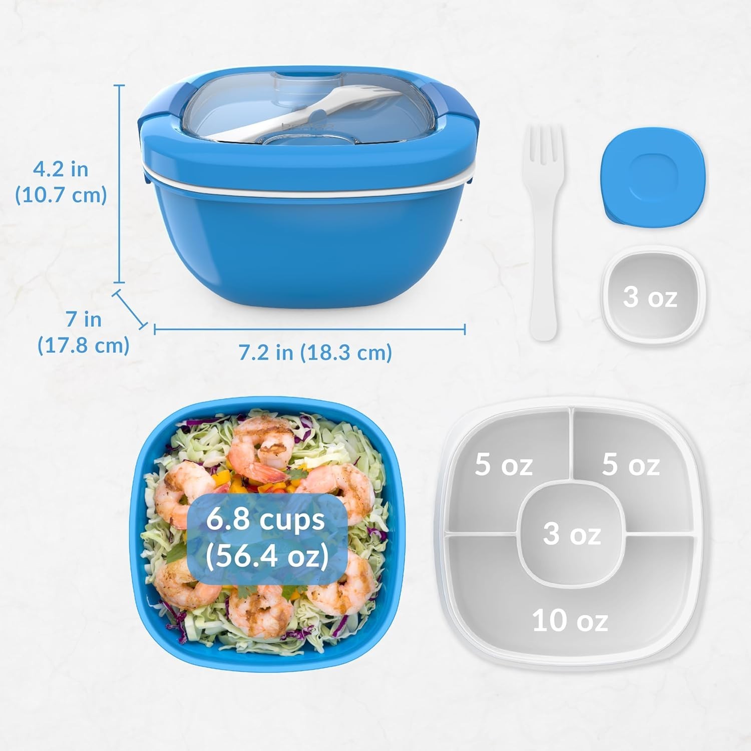 Adult Blue Salad Container with 4-Compartment Tray and Accessories