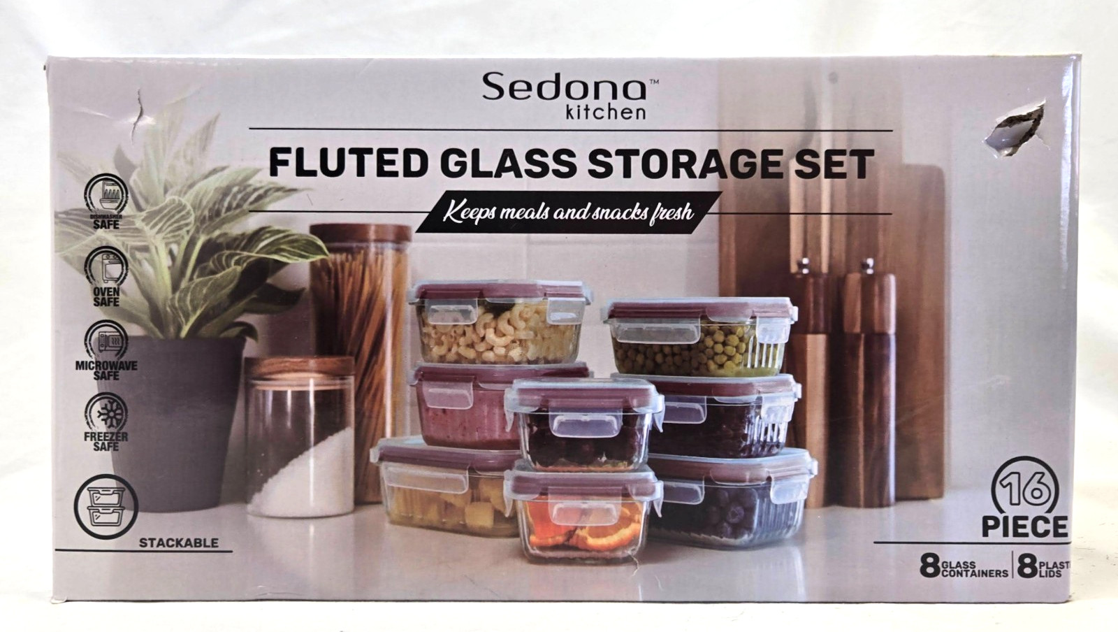 Sedona Kitchen 16 Piece Fluted Glass Storage Set Oven Safe 8 Bowls / 8 Red Lids