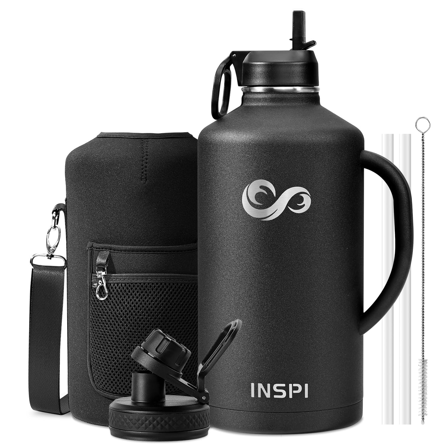 128 Oz Gallon Water Bottle Straw 2 Lids Inspi Double Wall Vacuum Stainless