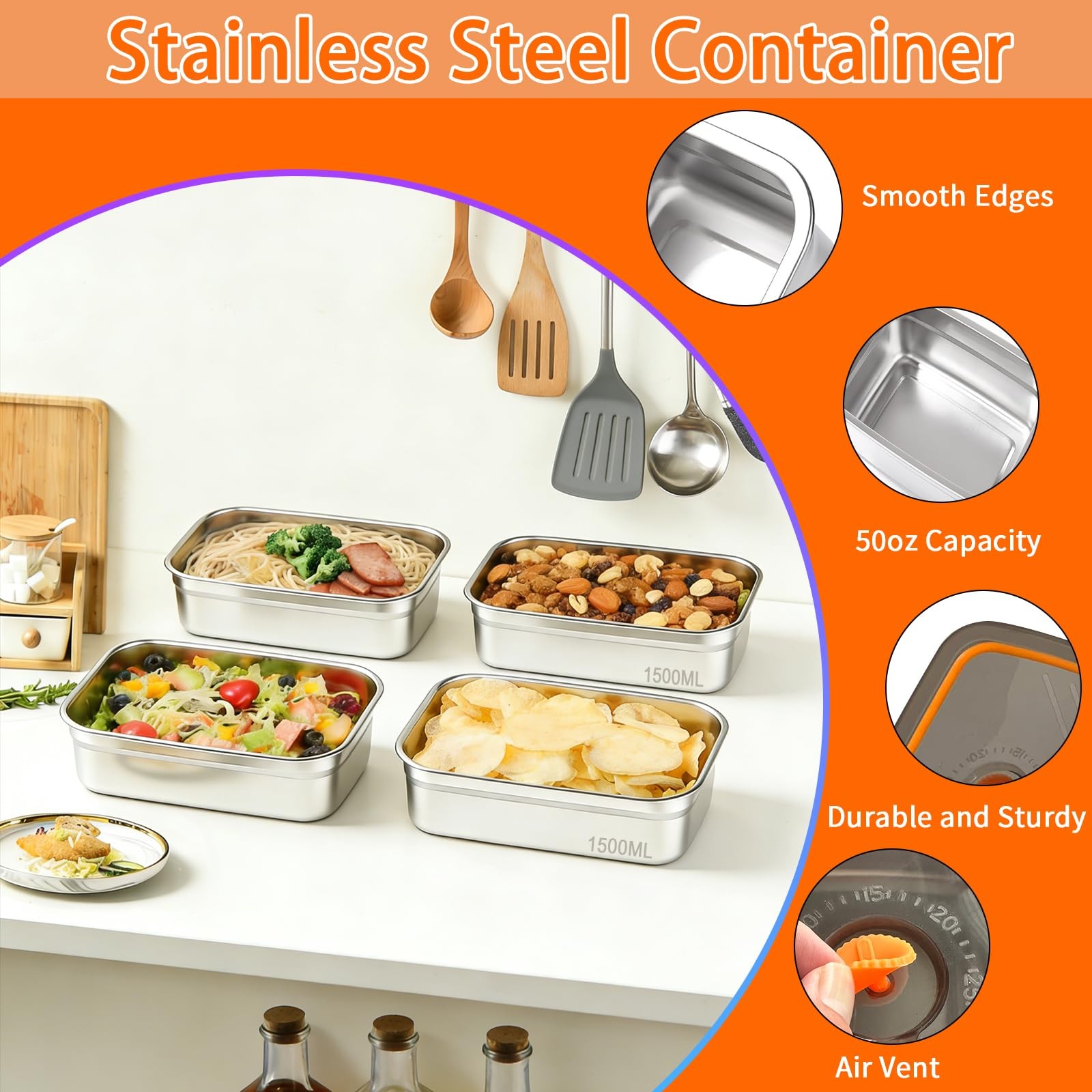 10PCS 50oz Stainless Steel Food Storage Containers with Airtight Lids, 1500ml…
