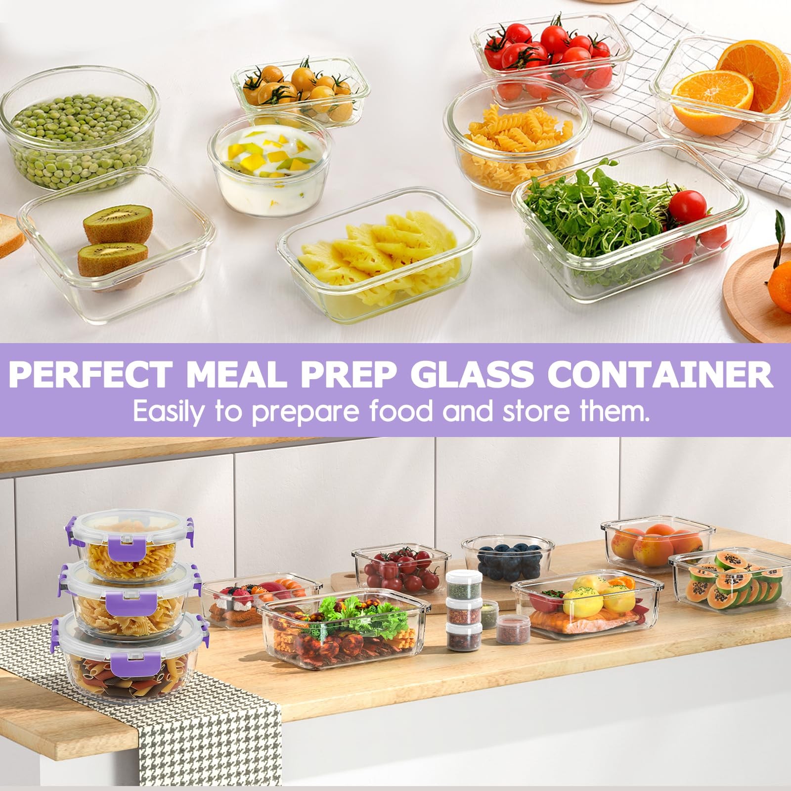34pcs Glass Food Storage Containers with Lids Set, Airtight Glass Meal Prep Cont