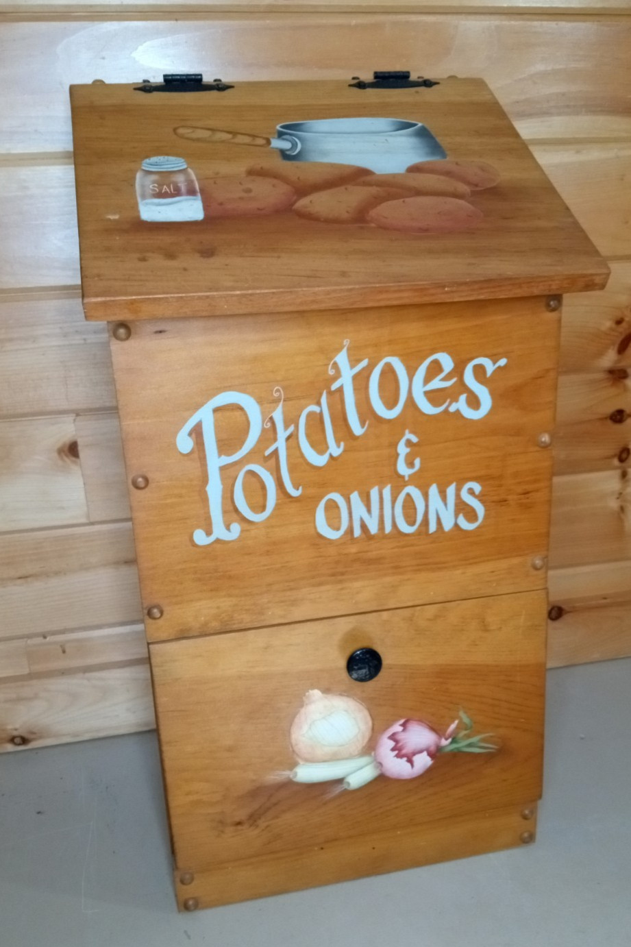 Vintage Wooden Potato Onion Storage Bin Farmhouse Country Kitchen Box Hand Paint
