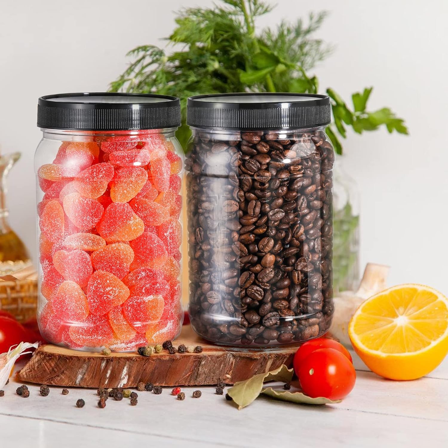 9 Pack 32 Oz Plastic Jars with Black Lids,Wide Mouth Clear Empty Plastic Storage