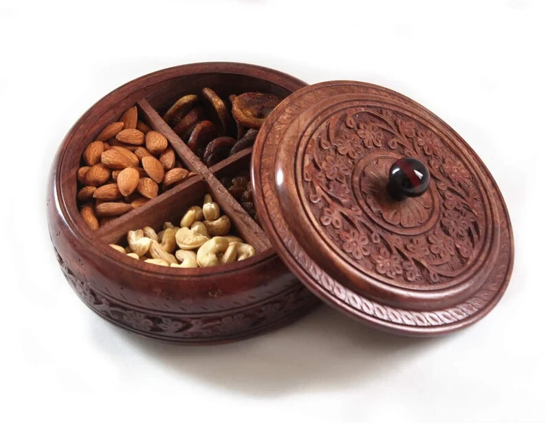 Wood Dry Fruit Box Handmade Wooden Large Size Round Food Storage, Spice Box