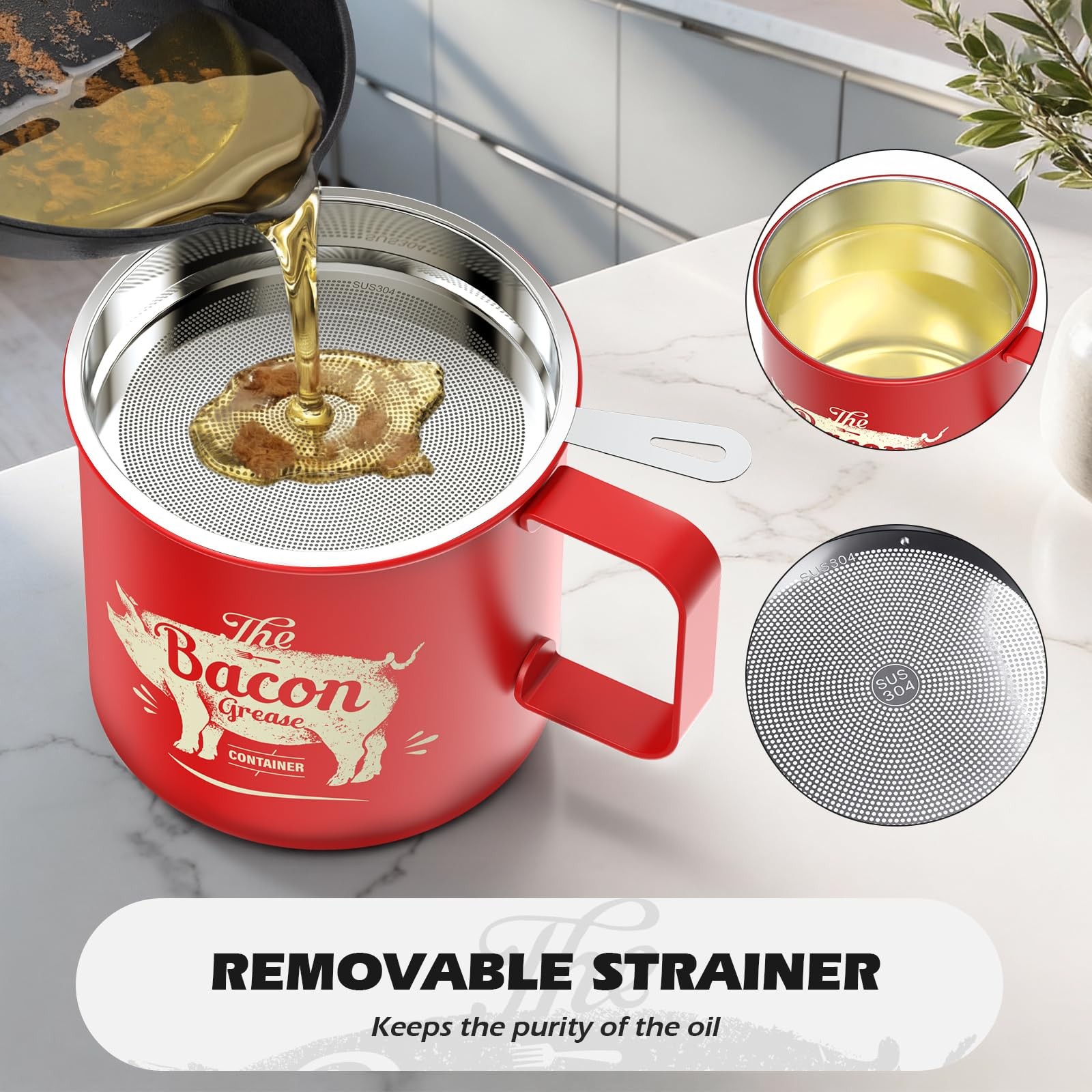 PGYARD Mini Bacon Grease Saver With Strainer – 20 OZ Stainless Steel Oil Cont…