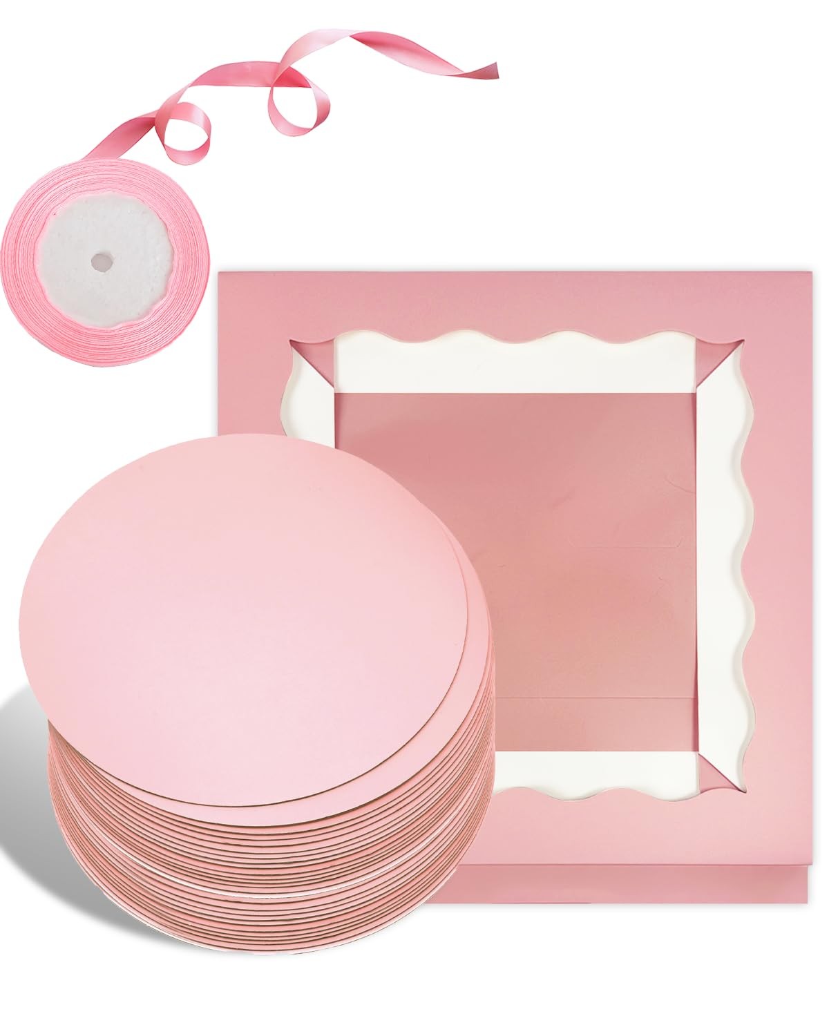 18 Sets Pink 10x10x8 Cake Box Window 10″ Round Boards Ribbon Container