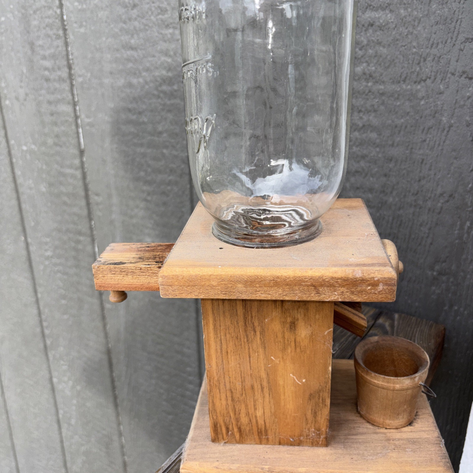 Vintage Oak Wood / Glass Mason Jar Candy Peanut Gumball Dispenser Country Decor