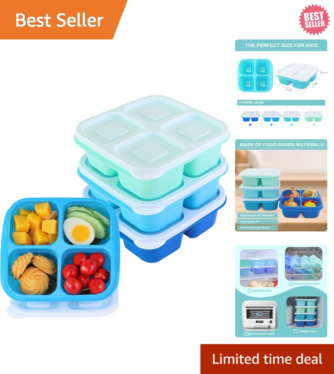 Durable 4-Compartment Food Containers for Office and Travel – 4 Pack Bento Boxes