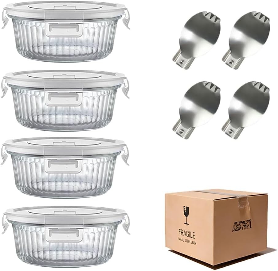 1.5 cup Round Glass Food Containers with Lids and Spoon, 12oz Small Glass Lun…