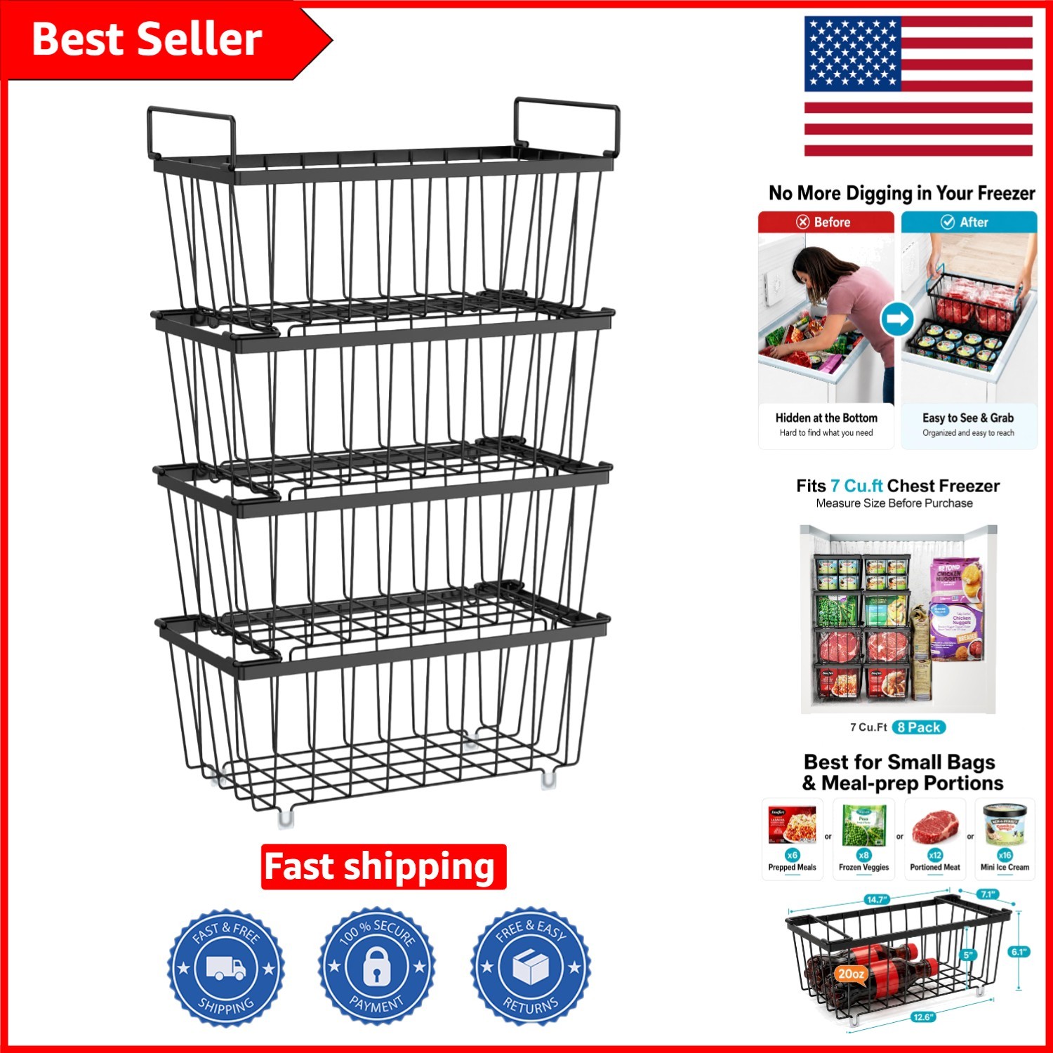 Stackable Wire Basket Set for Freezers – Heavy-Duty, Easy Access Design (4 Pack)