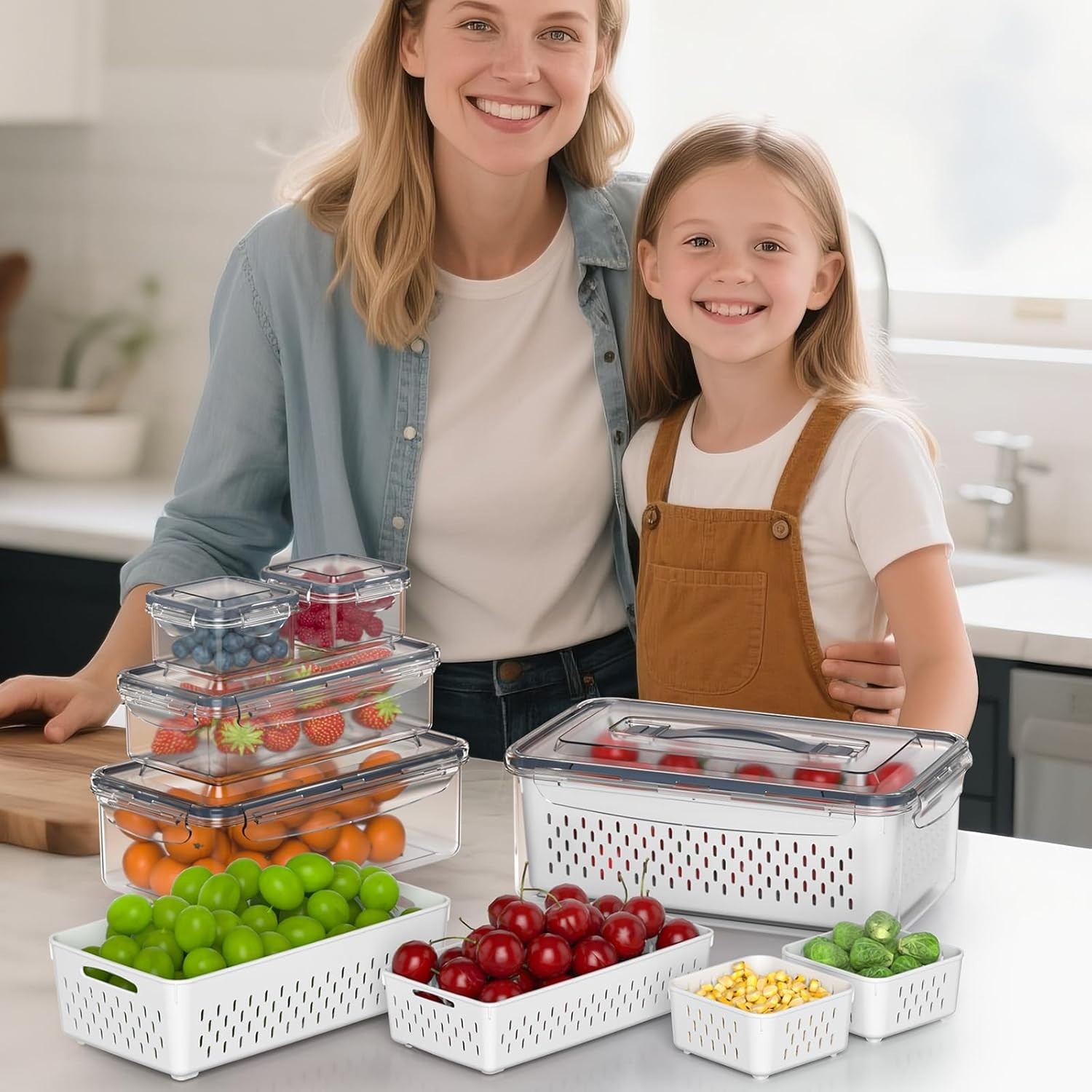 Fruit Storage Containers Set, Airtight, Removable Colander, Handles