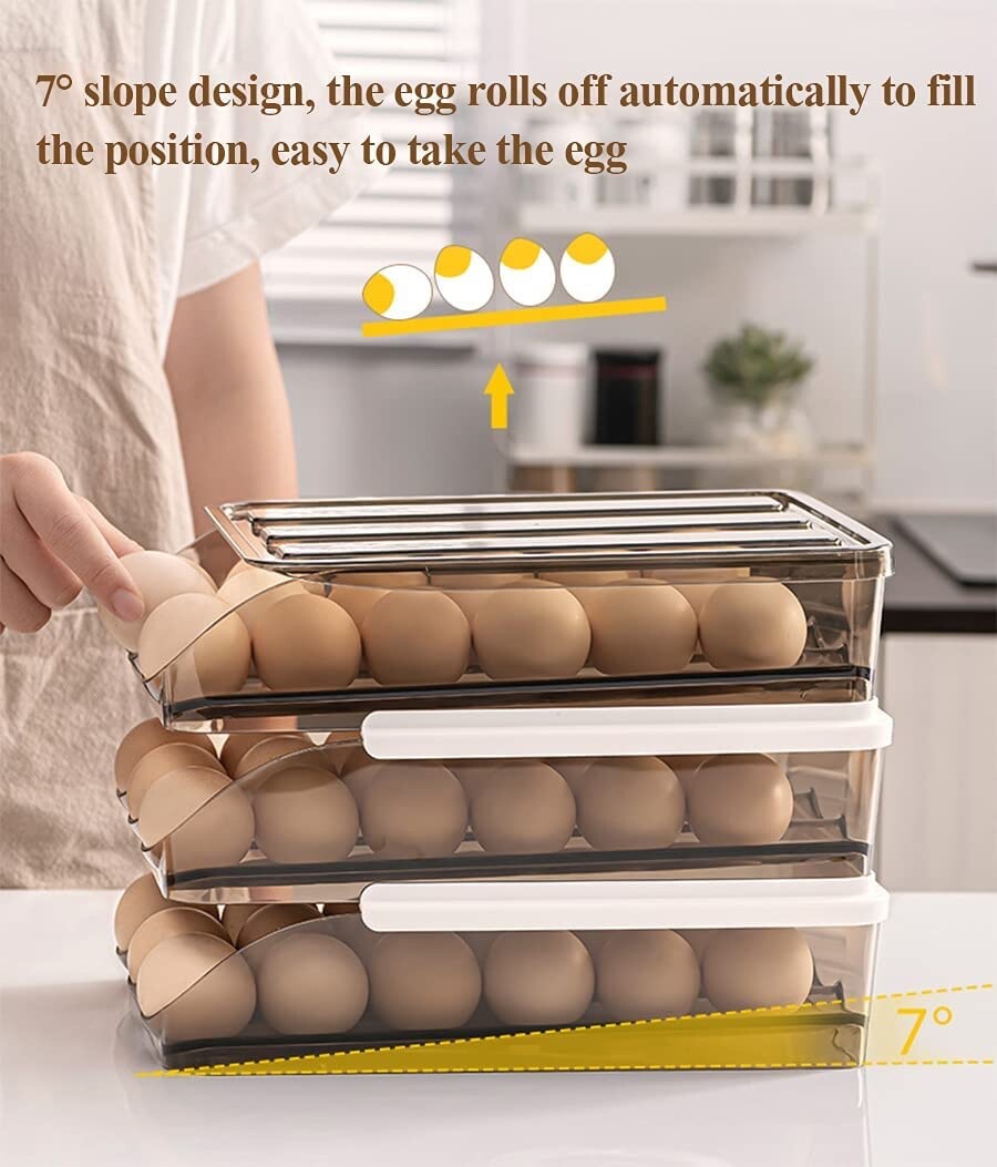 Auto Rolling Egg Holder Storage Box for Refrigerator Egg Tray Fridge Organizer