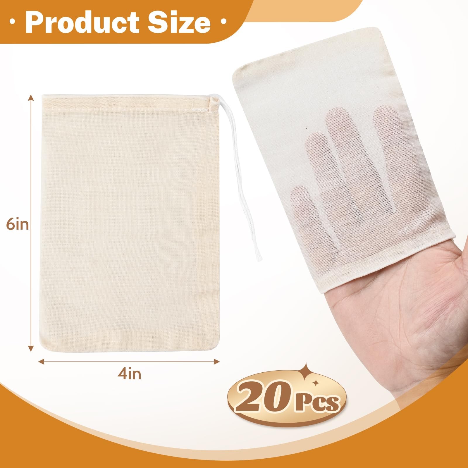 20 Pcs Muslin Bags with Drawstring, Reusable Tea Bags, 6 x 4 inches, White
