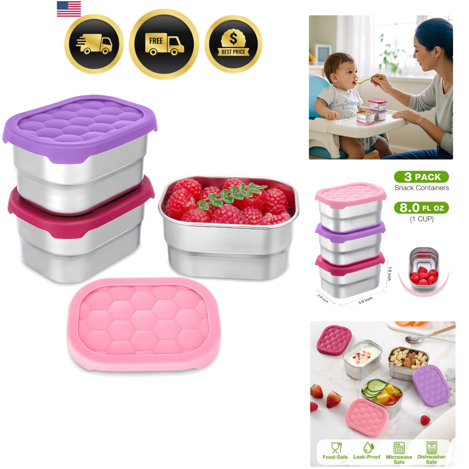 Snack Containers Kids Stainless Steel Leak Proof Bento Box 3 Pack