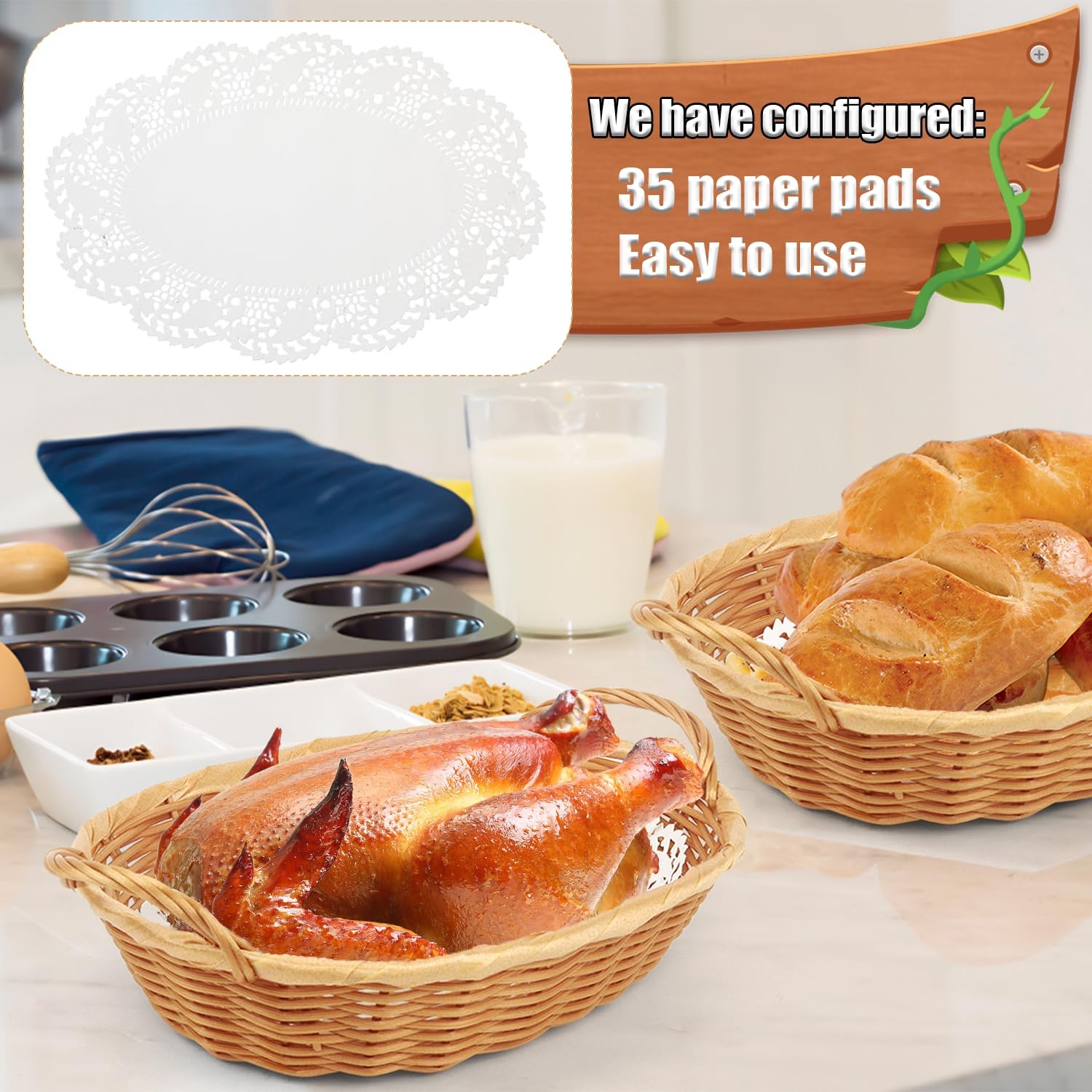 6 PCS Wicker Bread Baskets Serving Small Picnic Basket Paper Liners