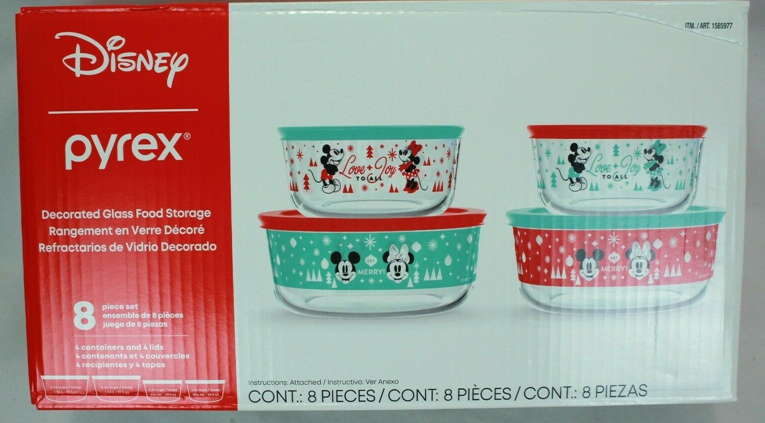 MICKEY AND MINNIE MOUSE CHRISTMAS DISNEY PYREX DECORATED GLASS STORAGE 8PC