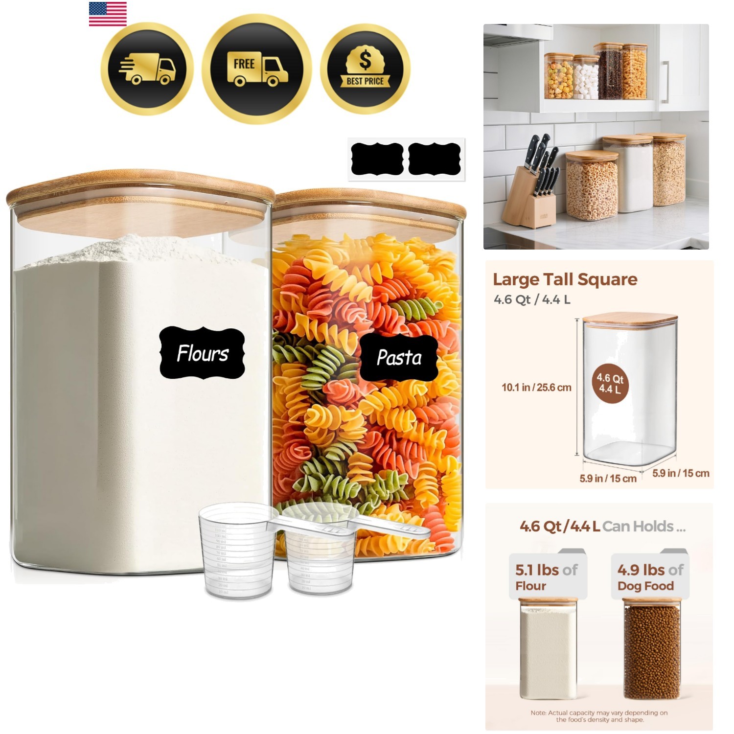 Glass Storage Containers Square Airtight Canisters for Flour Sugar Cereal 2 Pack
