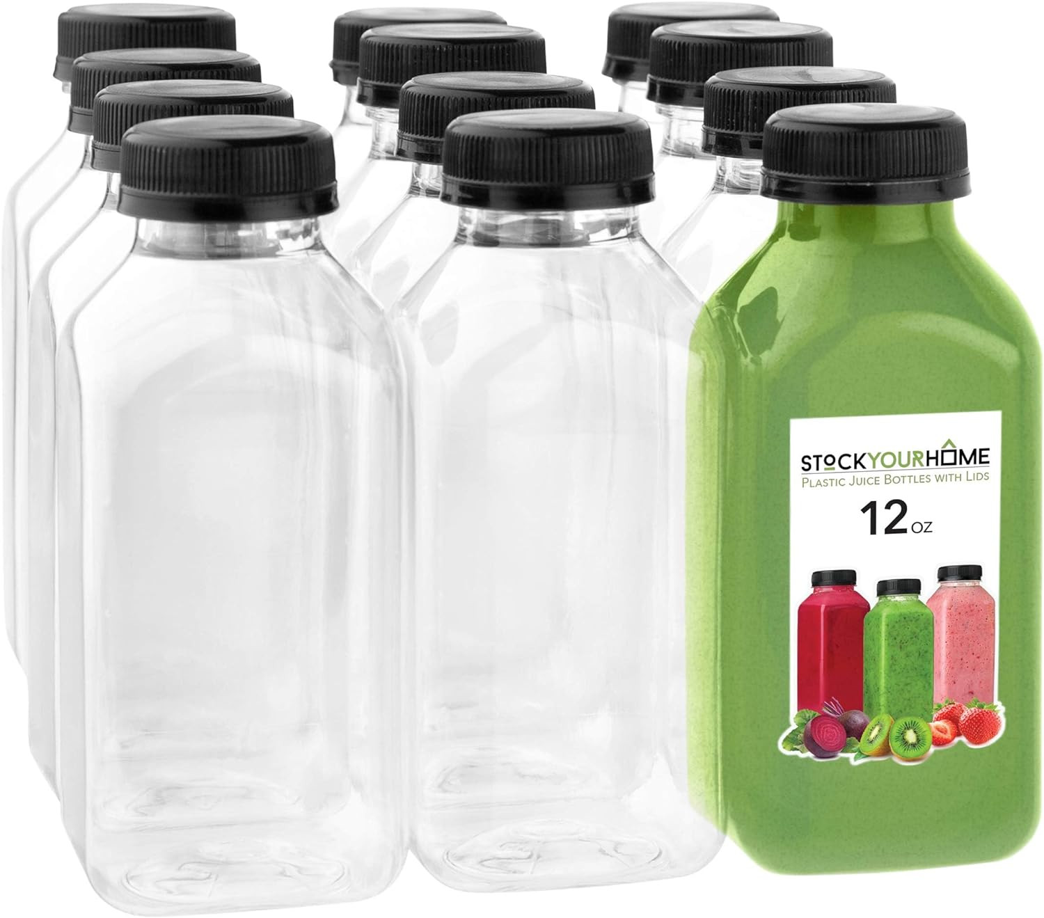 12 Oz Juice Bottles with Caps for Juicing (12 Pack) – Reusable Clear Empty Plast