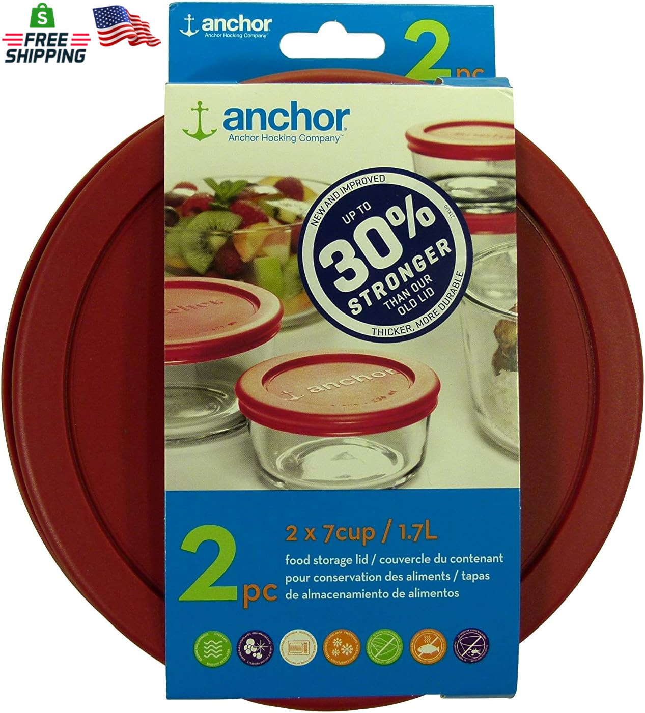 Anchor Hocking 30% Stronger Replacement Lid 2 X 7 Cup / 1.7 L / 1.75 Qt, Red, Ro